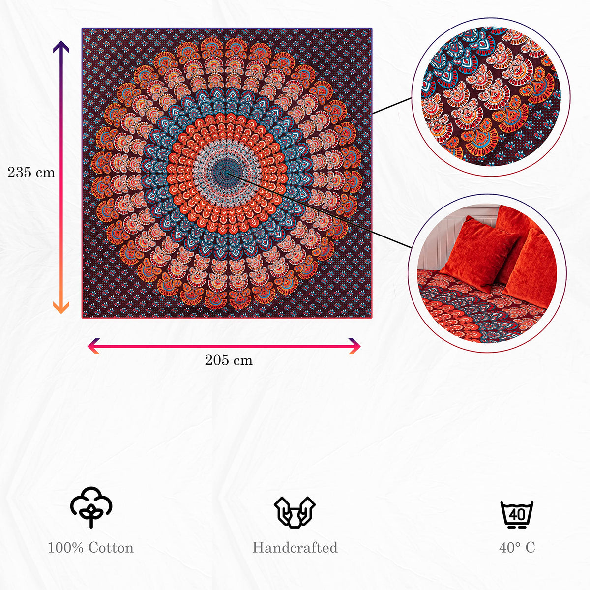 Wanddekoration aus 100% Baumwolle ca. 205 x 235 cm, Wandtuch für Zuhause, Strandtuch / großes Tapestry, Wandteppich Mandala