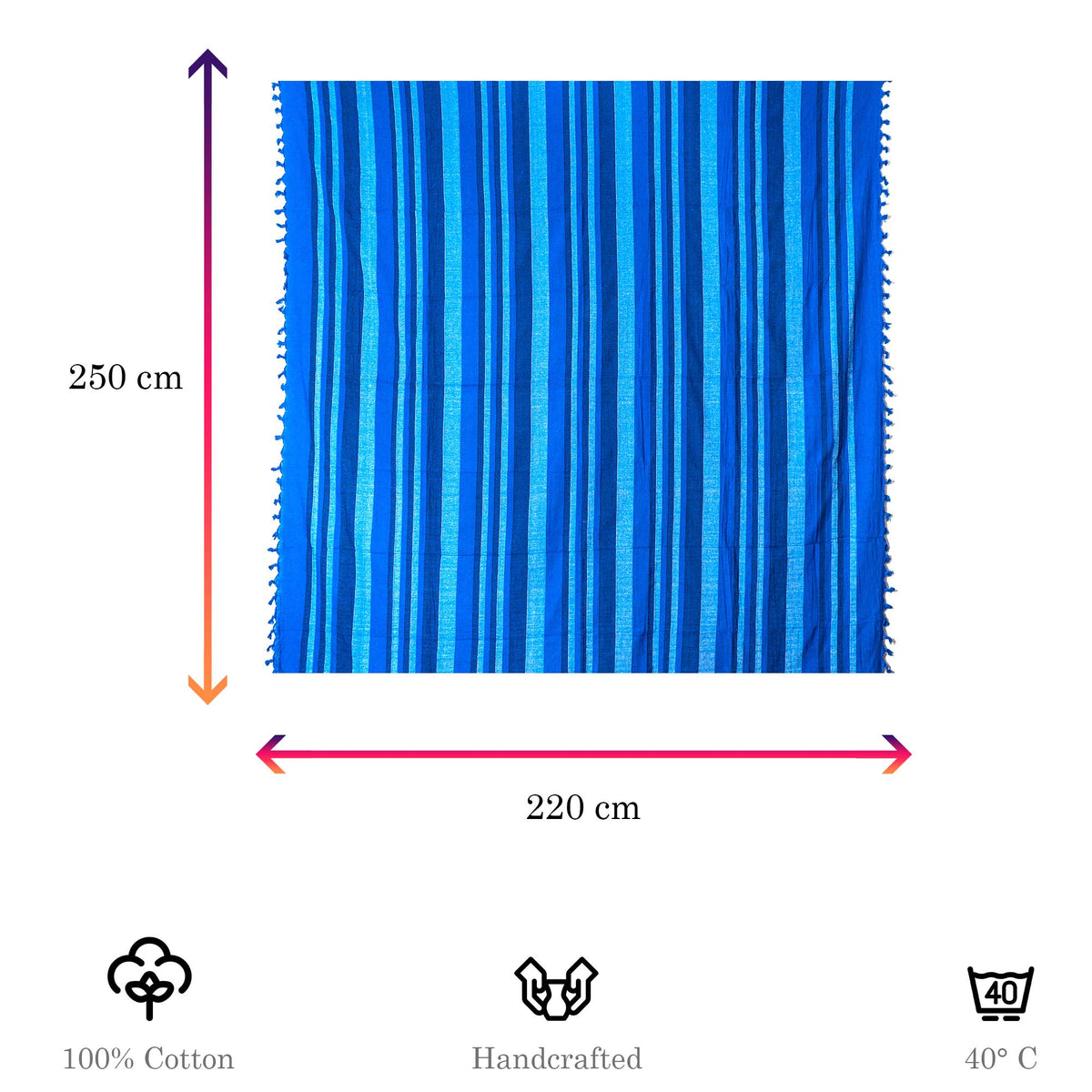 Tagesdecke/gestreifter Sofaüberwurf in verschiedene Farben 250 x 220cm handgewebt aus 100% Baumwolle – XXL-Größe mit Fransen
