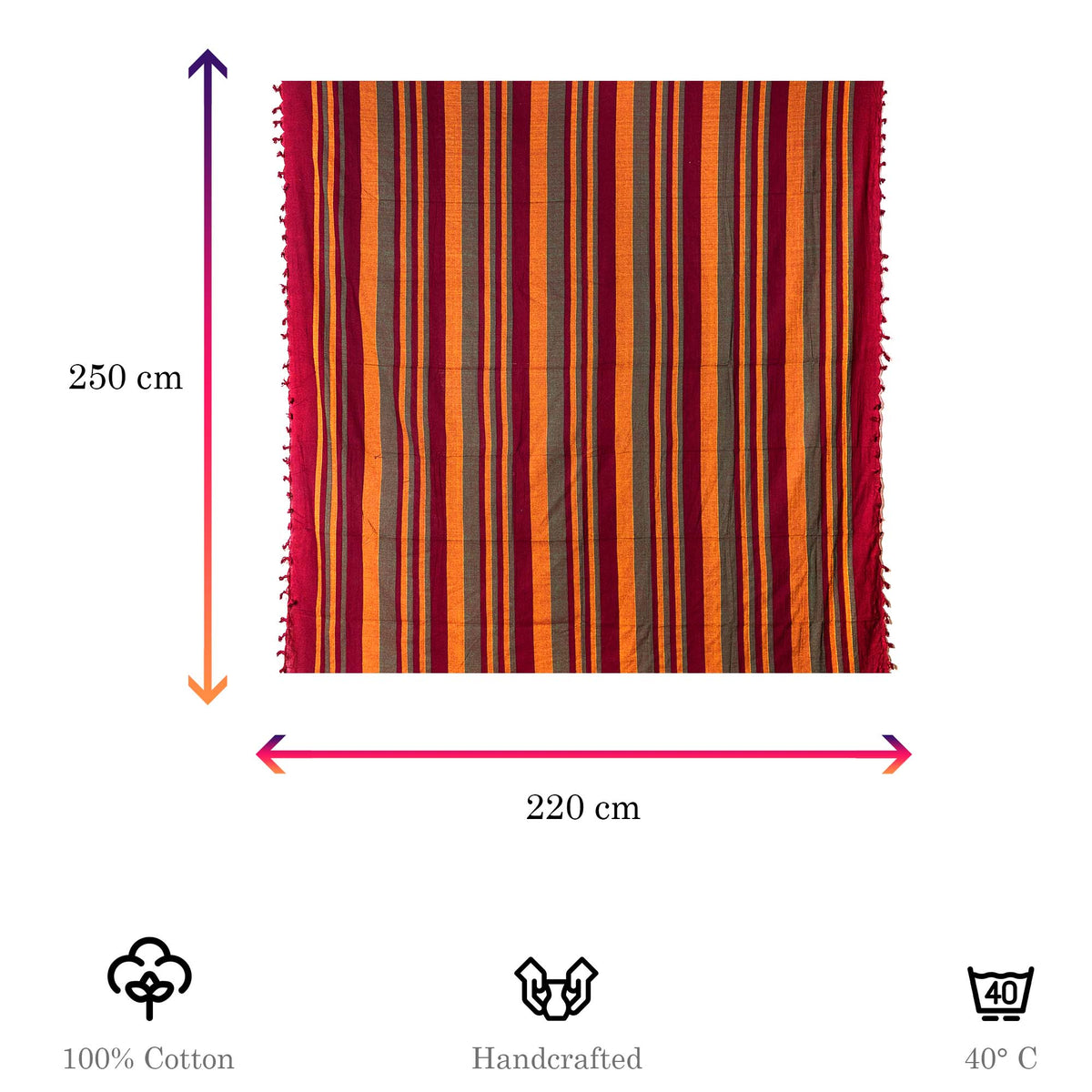 Tagesdecke/gestreifter Sofaüberwurf in verschiedene Farben 250 x 220cm handgewebt aus 100% Baumwolle – XXL-Größe mit Fransen