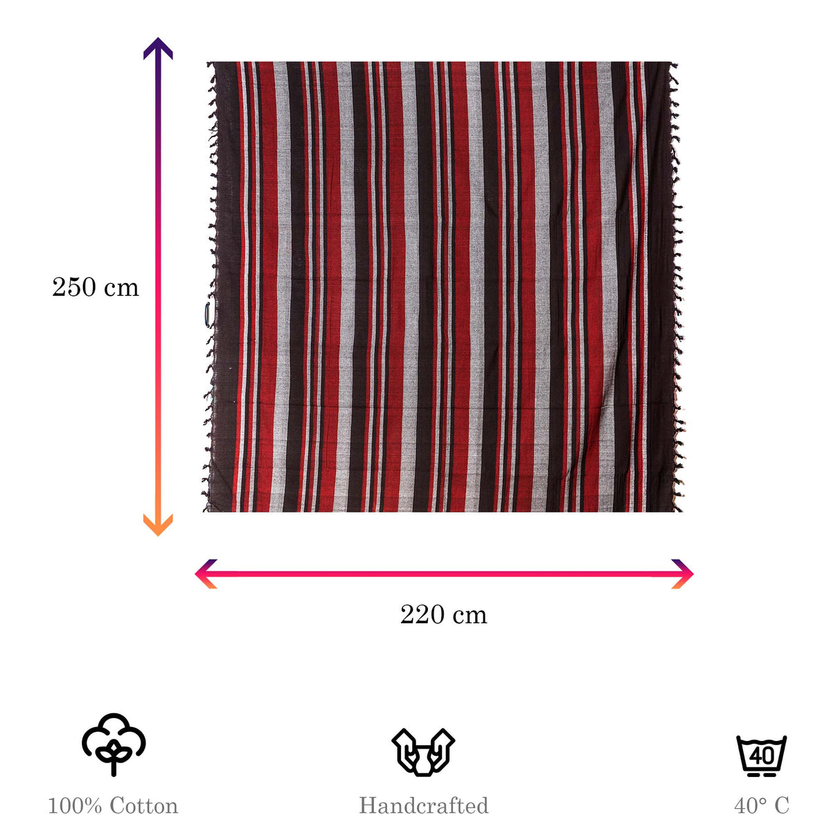 Tagesdecke/gestreifter Sofaüberwurf in verschiedene Farben 250 x 220cm handgewebt aus 100% Baumwolle – XXL-Größe mit Fransen