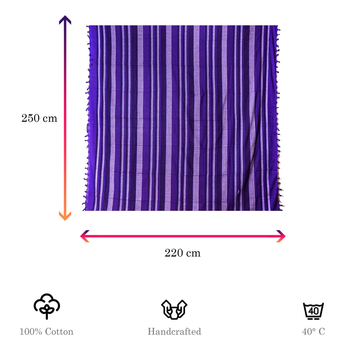 Tagesdecke/gestreifter Sofaüberwurf in verschiedene Farben 250 x 220cm handgewebt aus 100% Baumwolle – XXL-Größe mit Fransen