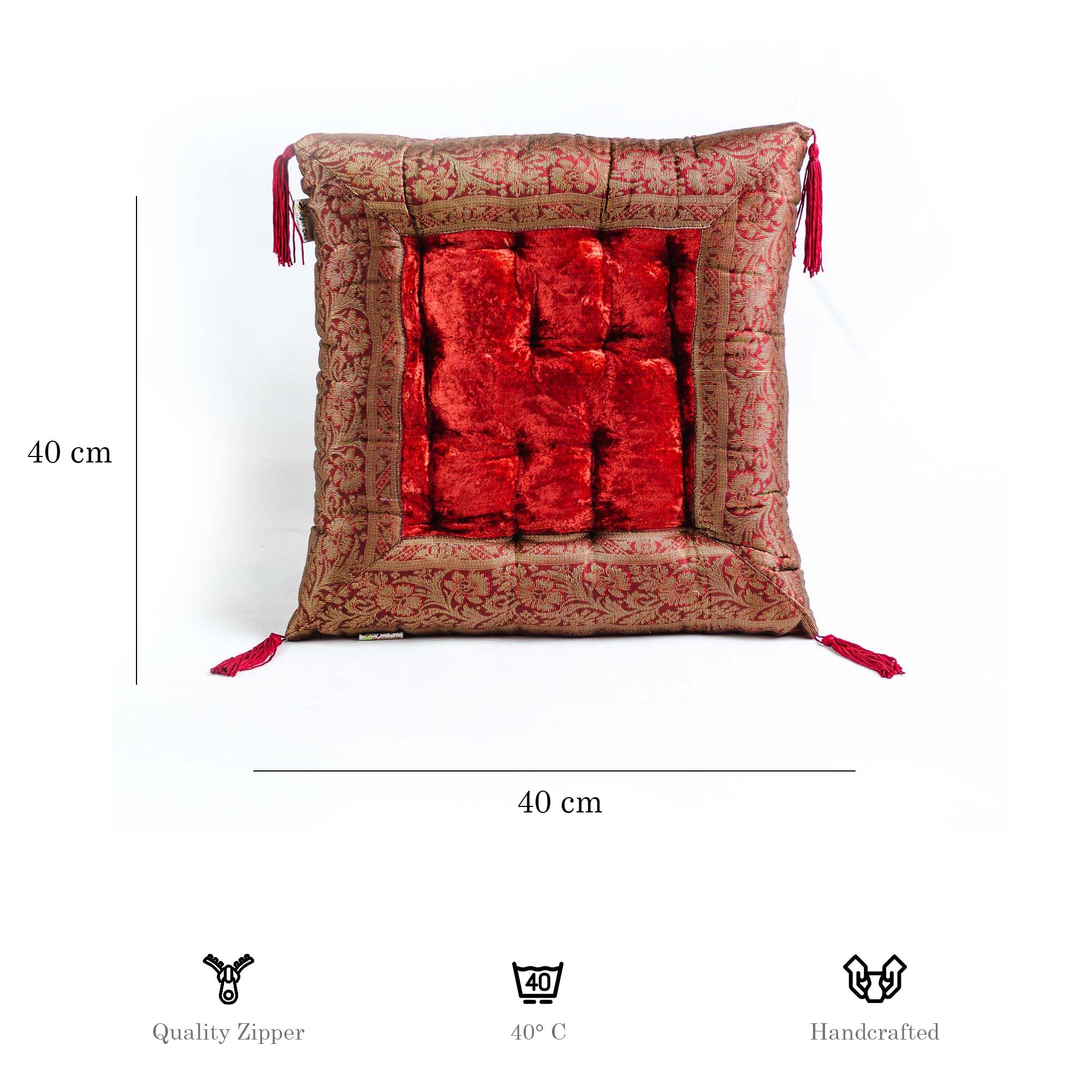 Orientalisches Indisches Sitzpuff Bodenkissen - Luxuriöses Handgefertigtes Samtkissen mit Quasten, 40x40 cm in 17 Farben