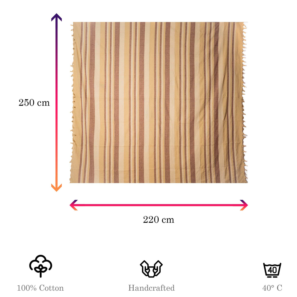Tagesdecke/gestreifter Sofaüberwurf in verschiedene Farben 250 x 220cm handgewebt aus 100% Baumwolle – XXL-Größe mit Fransen