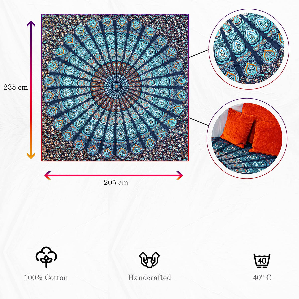 Wanddekoration aus 100% Baumwolle ca. 205 x 235 cm, Wandtuch für Zuhause, Strandtuch / großes Tapestry, Wandteppich Mandala