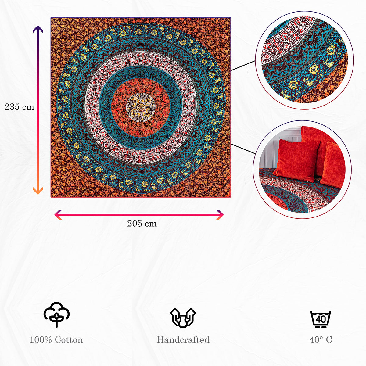 Wanddekoration aus 100% Baumwolle ca. 205 x 235 cm, Wandtuch für Zuhause, Strandtuch / großes Tapestry, Wandteppich Mandala