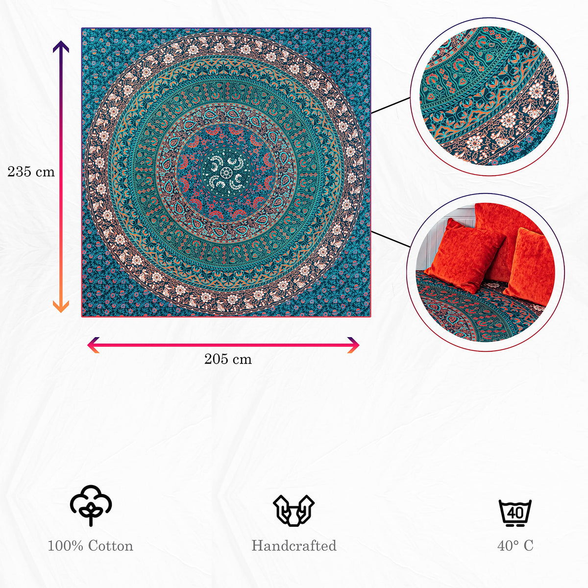 Wanddekoration aus 100% Baumwolle ca. 205 x 235 cm, Wandtuch für Zuhause, Strandtuch / großes Tapestry, Wandteppich Mandala
