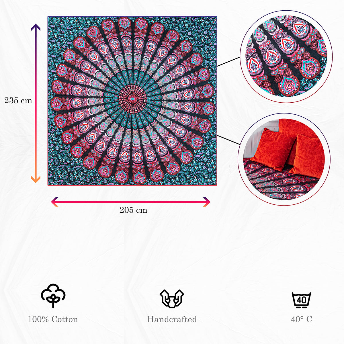 Wanddekoration aus 100% Baumwolle ca. 205 x 235 cm, Wandtuch für Zuhause, Strandtuch / großes Tapestry, Wandteppich Mandala