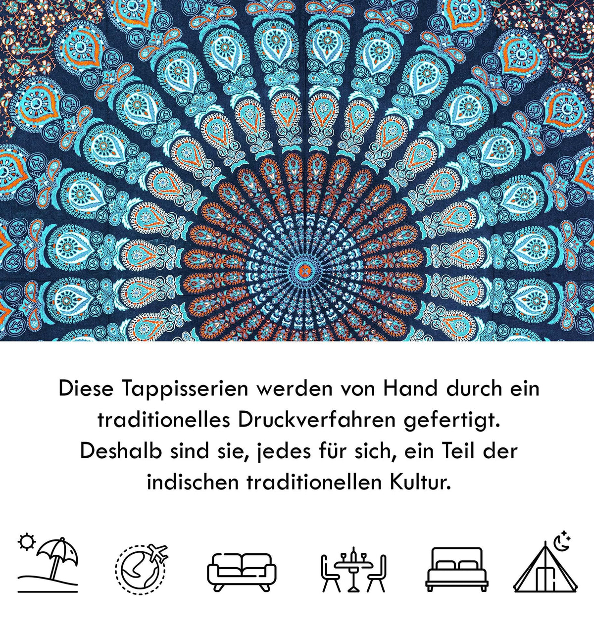 Wanddekoration aus 100% Baumwolle ca. 205 x 235 cm, Wandtuch für Zuhause, Strandtuch / großes Tapestry, Wandteppich Mandala