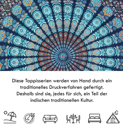 Wanddekoration aus 100% Baumwolle ca. 205 x 235 cm, Wandtuch für Zuhause, Strandtuch / großes Tapestry, Wandteppich Mandala