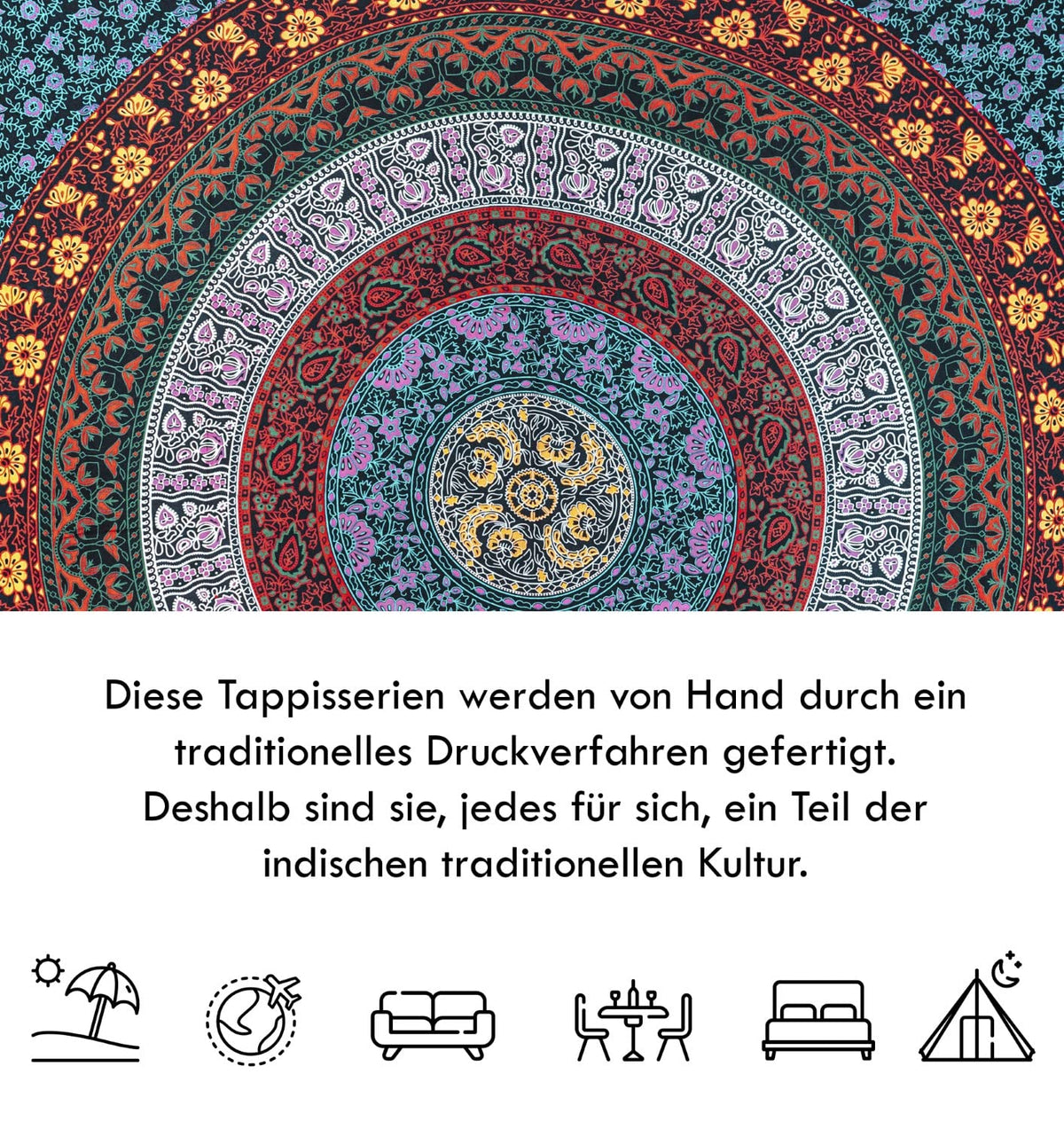 Wanddekoration aus 100% Baumwolle ca. 205 x 235 cm, Wandtuch für Zuhause, Strandtuch / großes Tapestry, Wandteppich Mandala