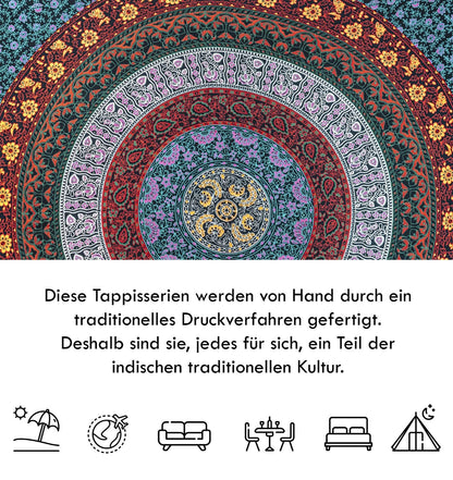 Wanddekoration aus 100% Baumwolle ca. 205 x 235 cm, Wandtuch für Zuhause, Strandtuch / großes Tapestry, Wandteppich Mandala