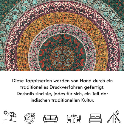 Wanddekoration aus 100% Baumwolle ca. 205 x 235 cm, Wandtuch für Zuhause, Strandtuch / großes Tapestry, Wandteppich Mandala