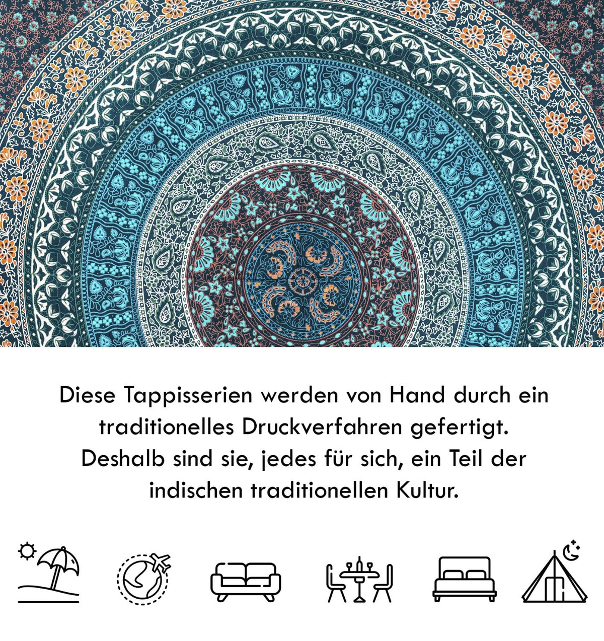 Wanddekoration aus 100% Baumwolle ca. 205 x 235 cm, Wandtuch für Zuhause, Strandtuch / großes Tapestry, Wandteppich Mandala