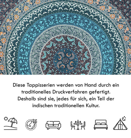 Wanddekoration aus 100% Baumwolle ca. 205 x 235 cm, Wandtuch für Zuhause, Strandtuch / großes Tapestry, Wandteppich Mandala