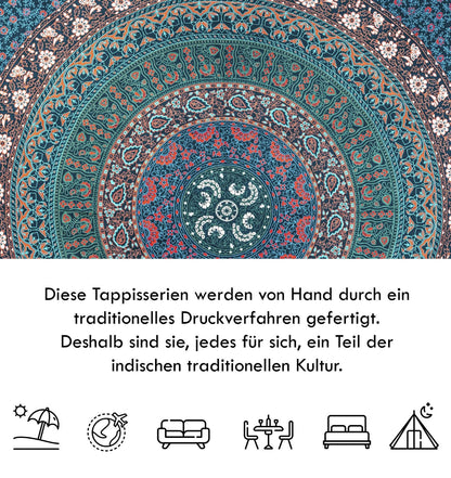 Wanddekoration aus 100% Baumwolle ca. 205 x 235 cm, Wandtuch für Zuhause, Strandtuch / großes Tapestry, Wandteppich Mandala