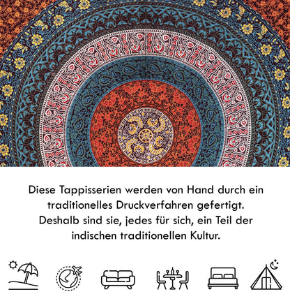 Wanddekoration aus 100% Baumwolle ca. 205 x 235 cm, Wandtuch für Zuhause, Strandtuch / großes Tapestry, Wandteppich Mandala