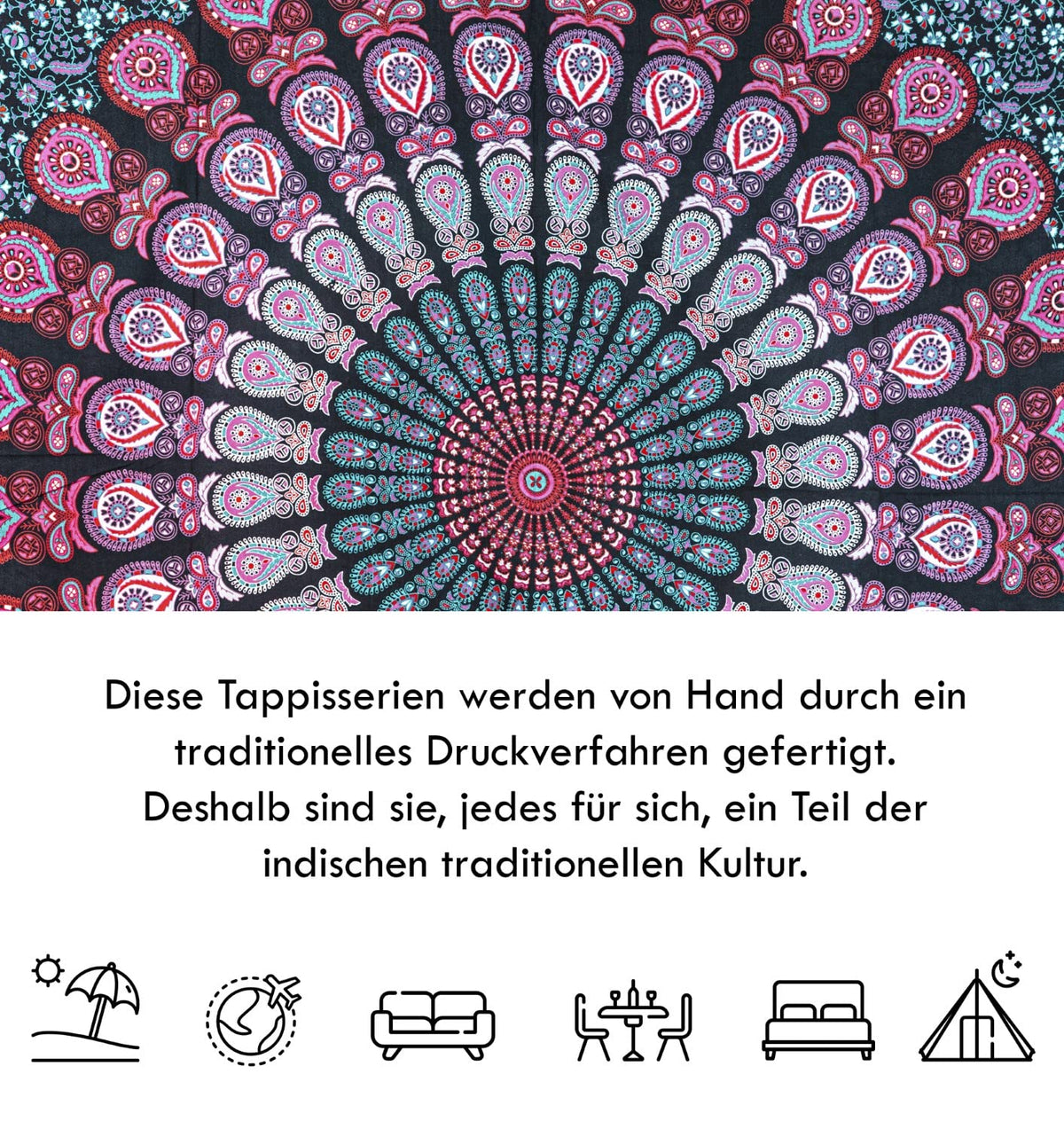 Wanddekoration aus 100% Baumwolle ca. 205 x 235 cm, Wandtuch für Zuhause, Strandtuch / großes Tapestry, Wandteppich Mandala