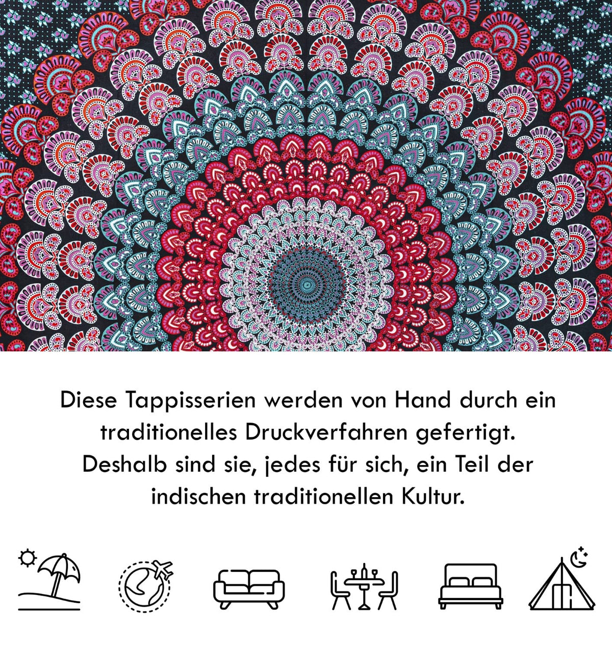 Wanddekoration aus 100% Baumwolle ca. 205 x 235 cm, Wandtuch für Zuhause, Strandtuch / großes Tapestry, Wandteppich Mandala