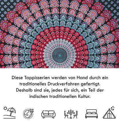 Wanddekoration aus 100% Baumwolle ca. 205 x 235 cm, Wandtuch für Zuhause, Strandtuch / großes Tapestry, Wandteppich Mandala