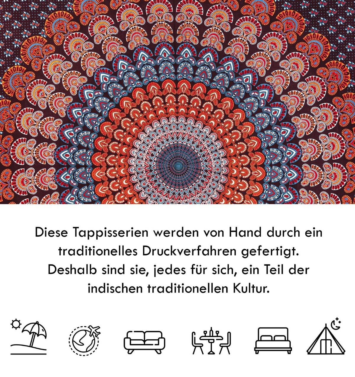Wanddekoration aus 100% Baumwolle ca. 205 x 235 cm, Wandtuch für Zuhause, Strandtuch / großes Tapestry, Wandteppich Mandala