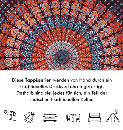 Wanddekoration aus 100% Baumwolle ca. 205 x 235 cm, Wandtuch für Zuhause, Strandtuch / großes Tapestry, Wandteppich Mandala