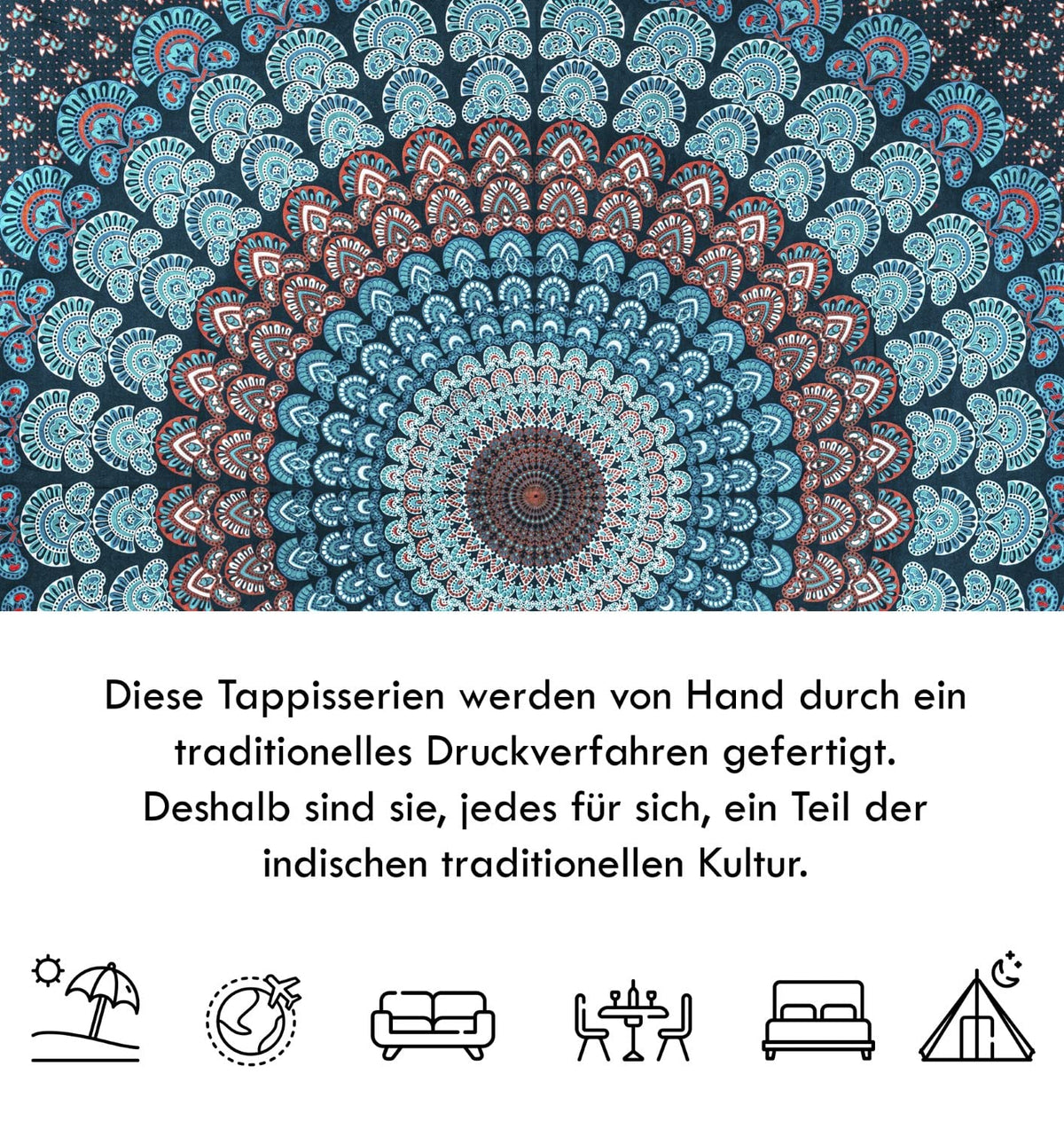 Wanddekoration aus 100% Baumwolle ca. 205 x 235 cm, Wandtuch für Zuhause, Strandtuch / großes Tapestry, Wandteppich Mandala