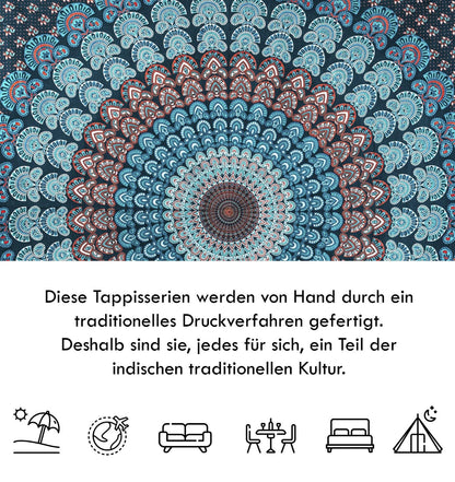 Wanddekoration aus 100% Baumwolle ca. 205 x 235 cm, Wandtuch für Zuhause, Strandtuch / großes Tapestry, Wandteppich Mandala