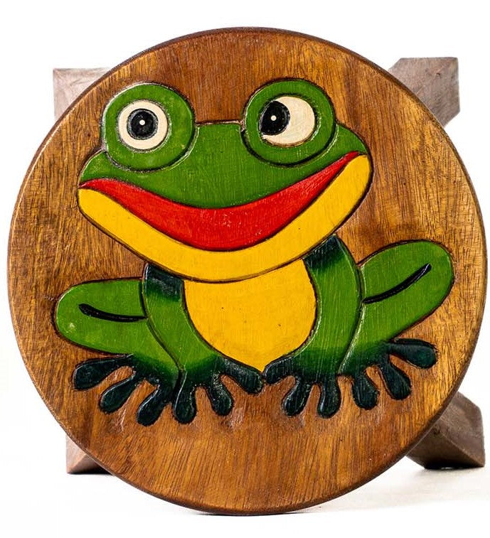 Tritthocker für Kinder – runder Kinderhocker – Pflanzenständer für den Innenbereich – Melkhocker – Heimdekoration, Holztritt, Massivholzhocker bemalt und geschnitzt mit Tiermotiv