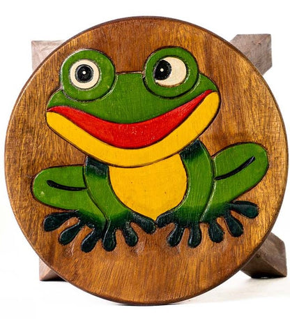 Tritthocker für Kinder – runder Kinderhocker – Pflanzenständer für den Innenbereich – Melkhocker – Heimdekoration, Holztritt, Massivholzhocker bemalt und geschnitzt mit Tiermotiv
