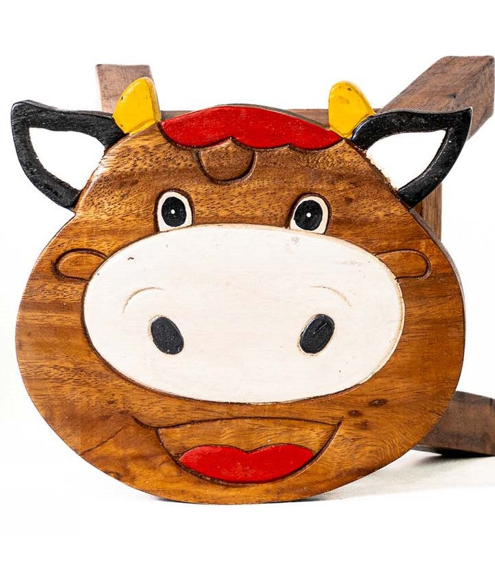 Tritthocker für Kinder – runder Kinderhocker – Pflanzenständer für den Innenbereich – Melkhocker – Heimdekoration, Holztritt, Massivholzhocker bemalt und geschnitzt mit Tiermotiv