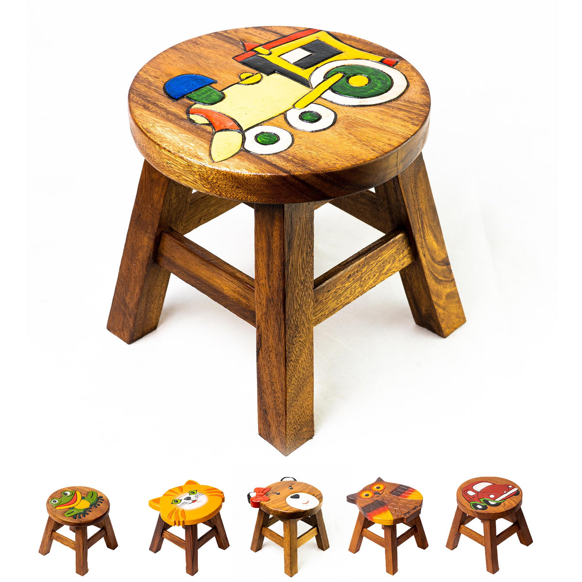Tritthocker für Kinder – runder Kinderhocker – Pflanzenständer für den Innenbereich – Melkhocker – Heimdekoration, Holztritt, Massivholzhocker bemalt und geschnitzt mit Tiermotiv