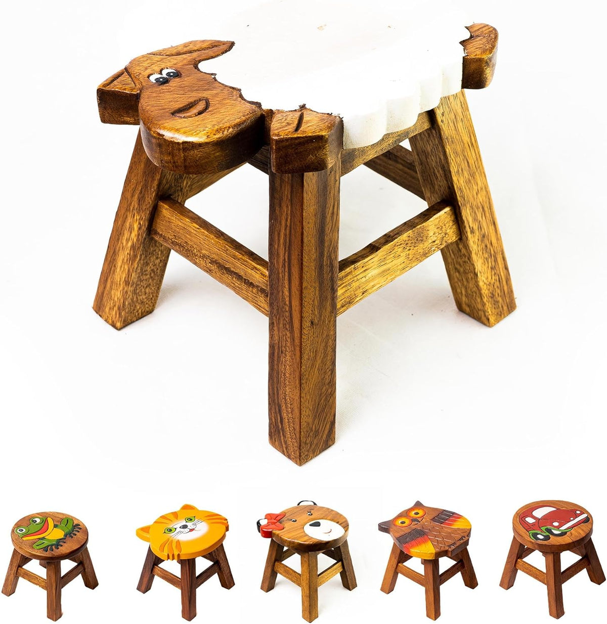 Tritthocker für Kinder – runder Kinderhocker – Pflanzenständer für den Innenbereich – Melkhocker – Heimdekoration, Holztritt, Massivholzhocker bemalt und geschnitzt mit Tiermotiv