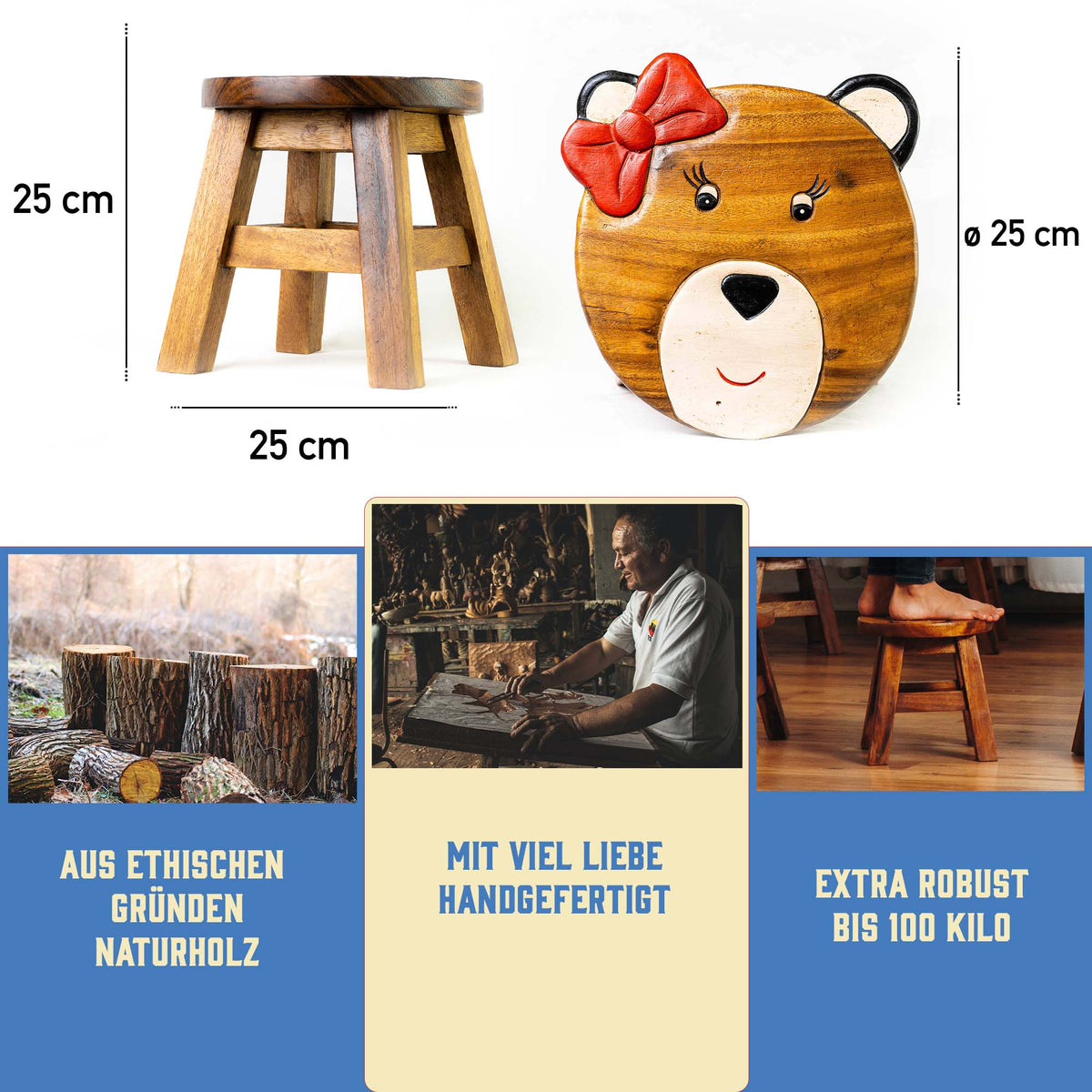 Tritthocker für Kinder – runder Kinderhocker – Pflanzenständer für den Innenbereich – Melkhocker – Heimdekoration, Holztritt, Massivholzhocker bemalt und geschnitzt mit Tiermotiv