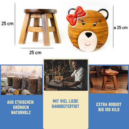 Tritthocker für Kinder – runder Kinderhocker – Pflanzenständer für den Innenbereich – Melkhocker – Heimdekoration, Holztritt, Massivholzhocker bemalt und geschnitzt mit Tiermotiv