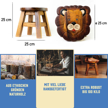 Tritthocker für Kinder – runder Kinderhocker – Pflanzenständer für den Innenbereich – Melkhocker – Heimdekoration, Holztritt, Massivholzhocker bemalt und geschnitzt mit Tiermotiv