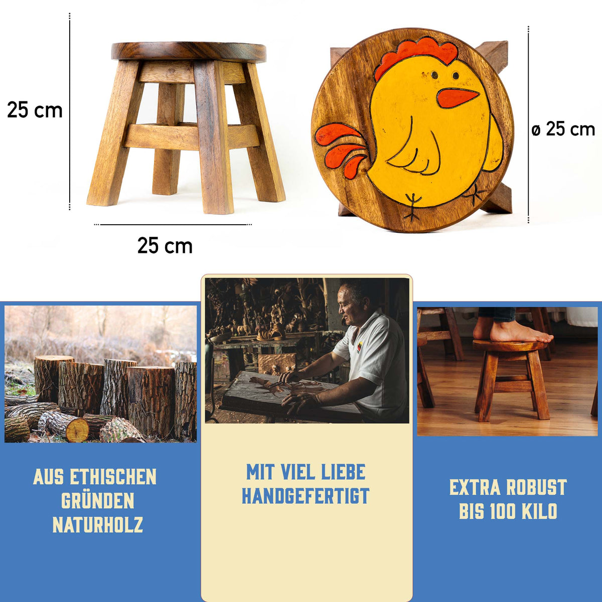Tritthocker für Kinder – runder Kinderhocker – Pflanzenständer für den Innenbereich – Melkhocker – Heimdekoration, Holztritt, Massivholzhocker bemalt und geschnitzt mit Tiermotiv