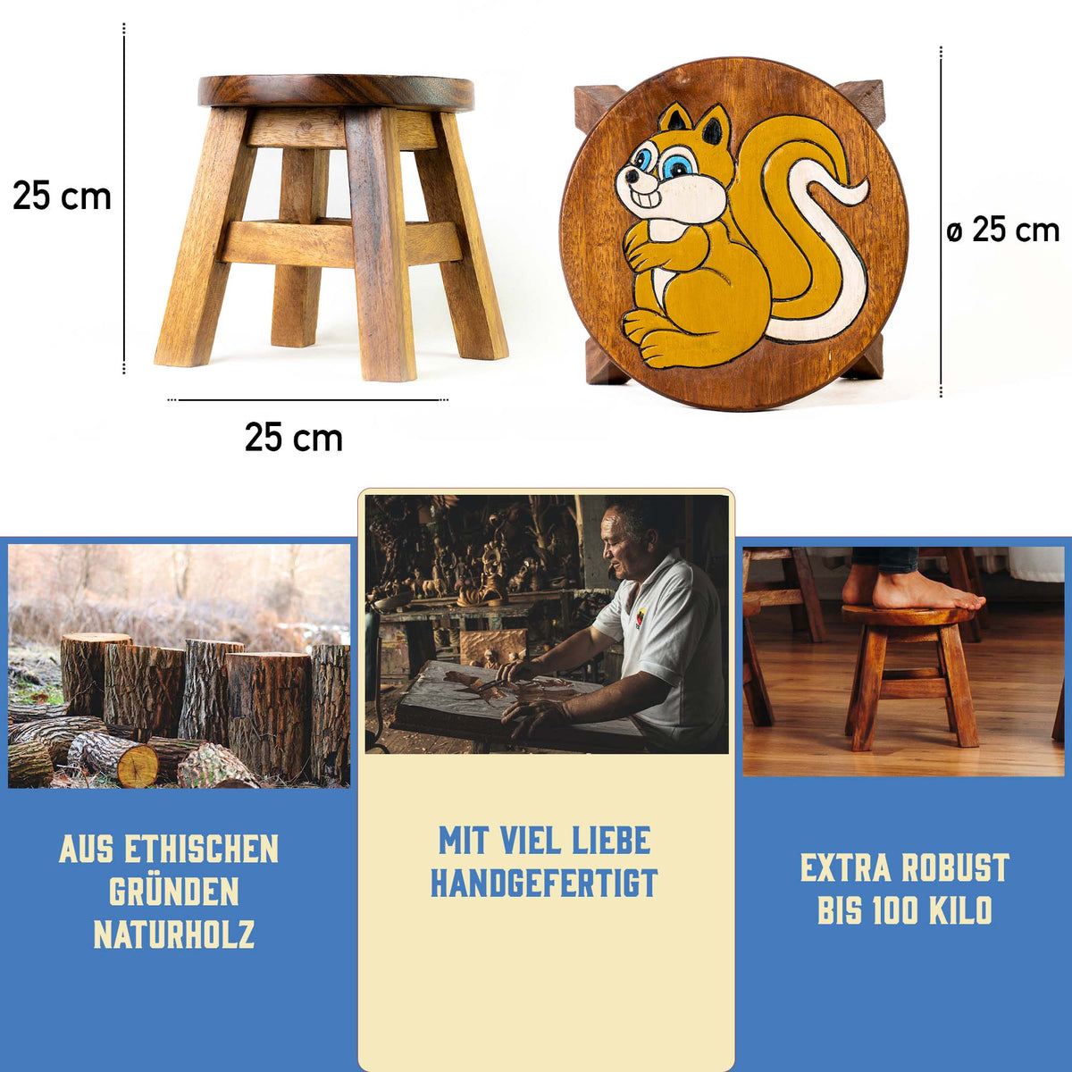 Tritthocker für Kinder – runder Kinderhocker – Pflanzenständer für den Innenbereich – Melkhocker – Heimdekoration, Holztritt, Massivholzhocker bemalt und geschnitzt mit Tiermotiv