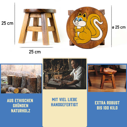 Tritthocker für Kinder – runder Kinderhocker – Pflanzenständer für den Innenbereich – Melkhocker – Heimdekoration, Holztritt, Massivholzhocker bemalt und geschnitzt mit Tiermotiv