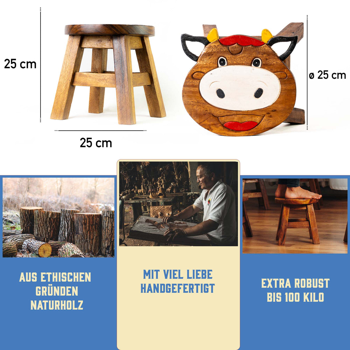 Tritthocker für Kinder – runder Kinderhocker – Pflanzenständer für den Innenbereich – Melkhocker – Heimdekoration, Holztritt, Massivholzhocker bemalt und geschnitzt mit Tiermotiv