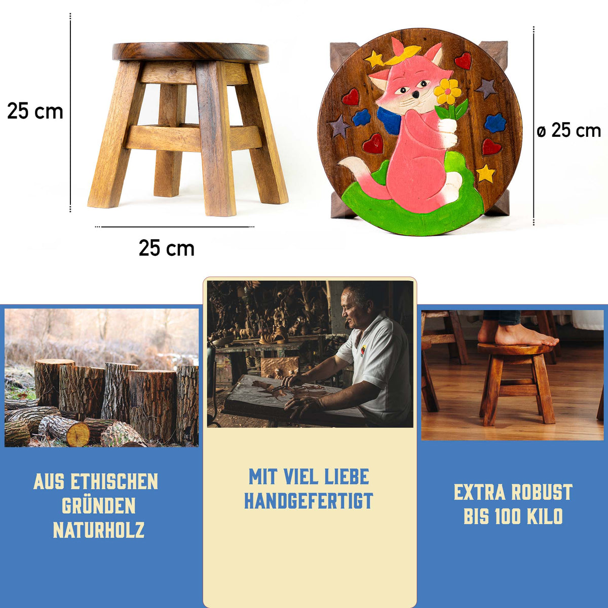 Tritthocker für Kinder – runder Kinderhocker – Pflanzenständer für den Innenbereich – Melkhocker – Heimdekoration, Holztritt, Massivholzhocker bemalt und geschnitzt mit Tiermotiv