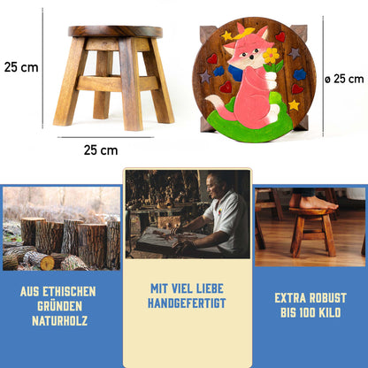 Tritthocker für Kinder – runder Kinderhocker – Pflanzenständer für den Innenbereich – Melkhocker – Heimdekoration, Holztritt, Massivholzhocker bemalt und geschnitzt mit Tiermotiv