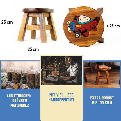 Tritthocker für Kinder – runder Kinderhocker – Pflanzenständer für den Innenbereich – Melkhocker – Heimdekoration, Holztritt, Massivholzhocker bemalt und geschnitzt mit Tiermotiv