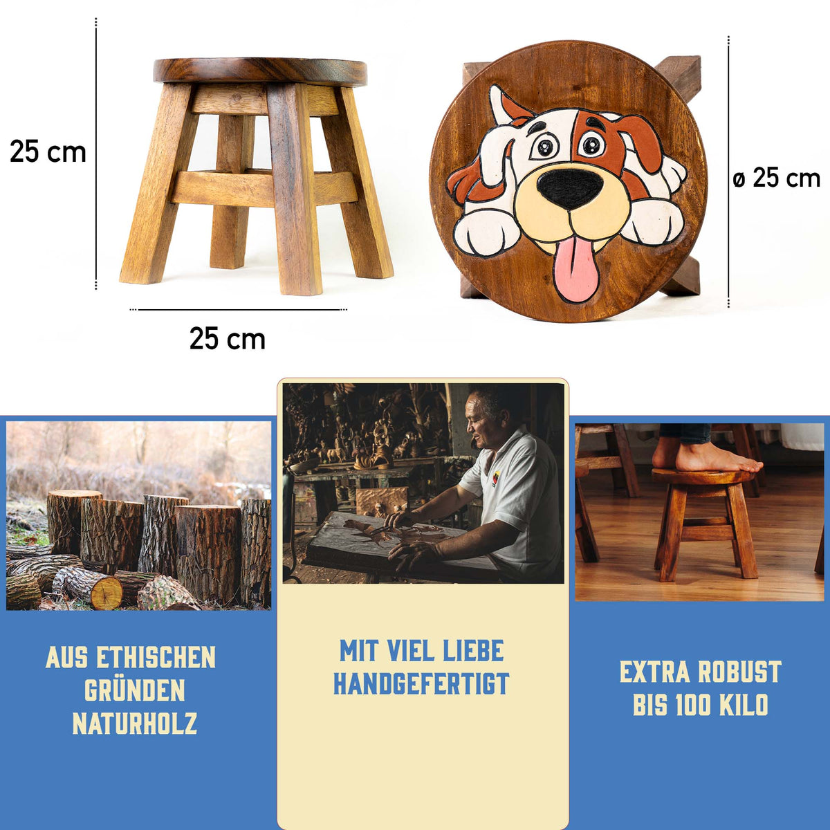 Tritthocker für Kinder – runder Kinderhocker – Pflanzenständer für den Innenbereich – Melkhocker – Heimdekoration, Holztritt, Massivholzhocker bemalt und geschnitzt mit Tiermotiv