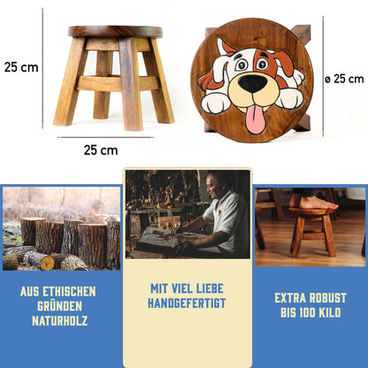 Tritthocker für Kinder – runder Kinderhocker – Pflanzenständer für den Innenbereich – Melkhocker – Heimdekoration, Holztritt, Massivholzhocker bemalt und geschnitzt mit Tiermotiv