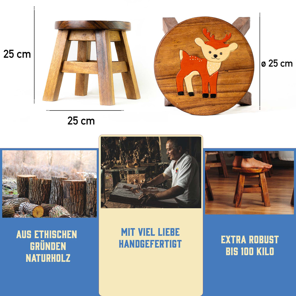 Tritthocker für Kinder – runder Kinderhocker – Pflanzenständer für den Innenbereich – Melkhocker – Heimdekoration, Holztritt, Massivholzhocker bemalt und geschnitzt mit Tiermotiv