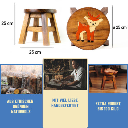 Tritthocker für Kinder – runder Kinderhocker – Pflanzenständer für den Innenbereich – Melkhocker – Heimdekoration, Holztritt, Massivholzhocker bemalt und geschnitzt mit Tiermotiv