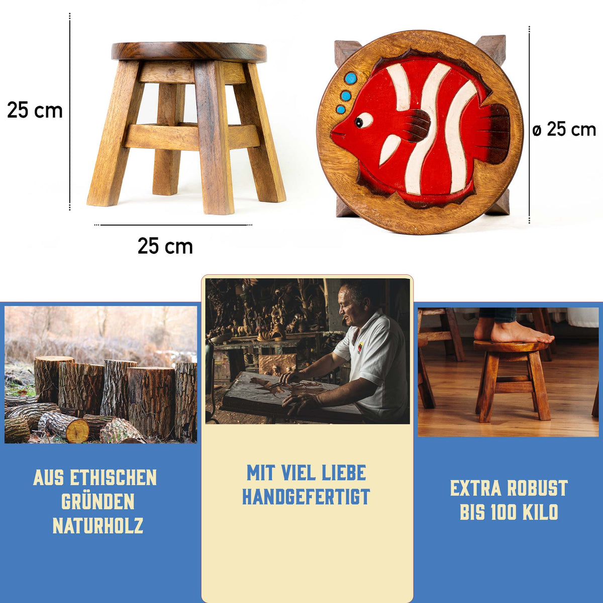 Tritthocker für Kinder – runder Kinderhocker – Pflanzenständer für den Innenbereich – Melkhocker – Heimdekoration, Holztritt, Massivholzhocker bemalt und geschnitzt mit Tiermotiv
