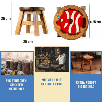 Tritthocker für Kinder – runder Kinderhocker – Pflanzenständer für den Innenbereich – Melkhocker – Heimdekoration, Holztritt, Massivholzhocker bemalt und geschnitzt mit Tiermotiv