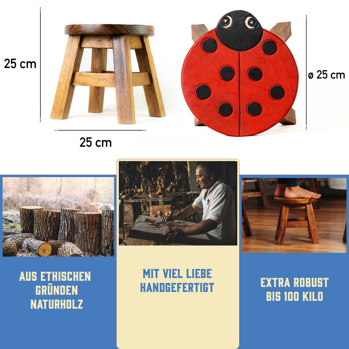 Tritthocker für Kinder – runder Kinderhocker – Pflanzenständer für den Innenbereich – Melkhocker – Heimdekoration, Holztritt, Massivholzhocker bemalt und geschnitzt mit Tiermotiv