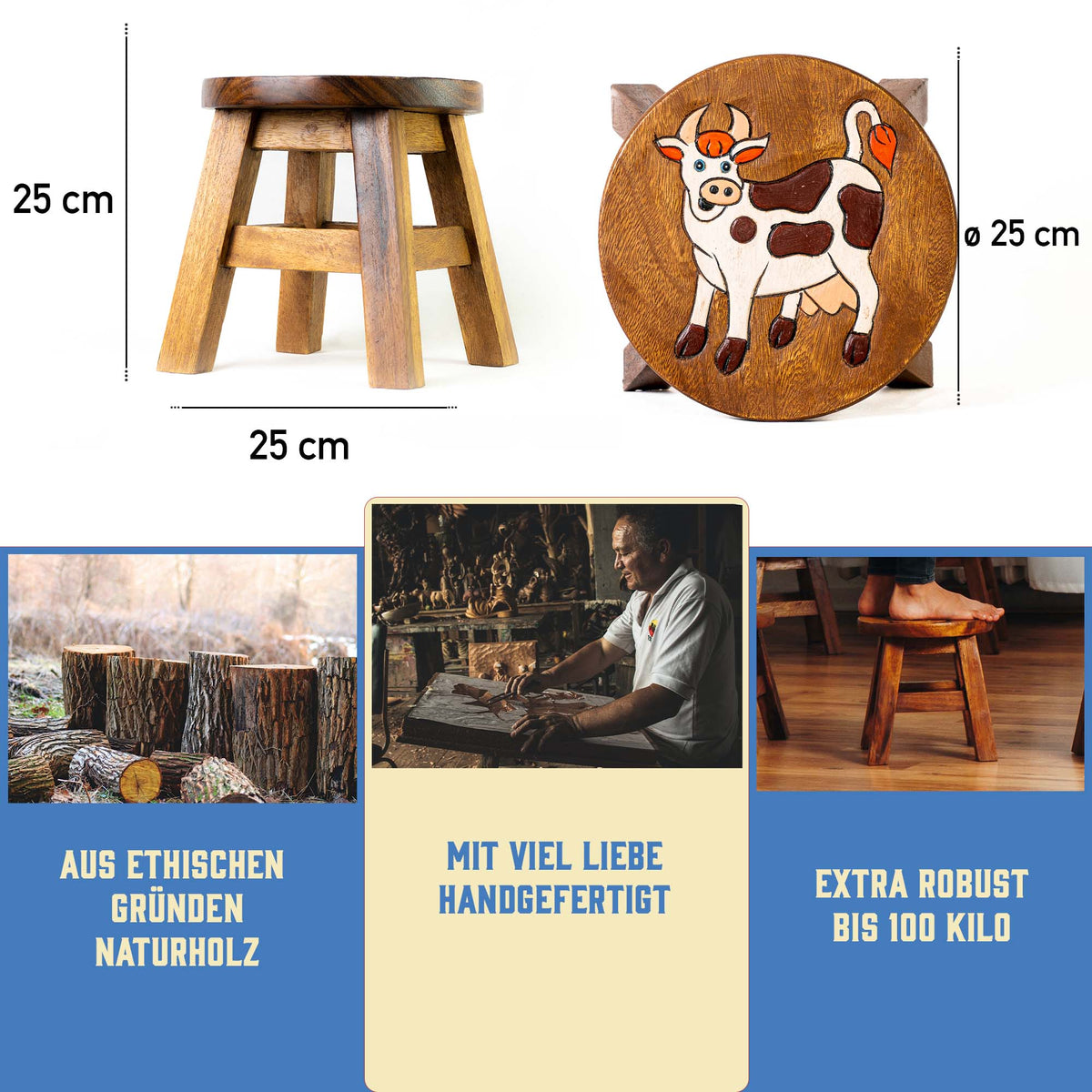 Tritthocker für Kinder – runder Kinderhocker – Pflanzenständer für den Innenbereich – Melkhocker – Heimdekoration, Holztritt, Massivholzhocker bemalt und geschnitzt mit Tiermotiv